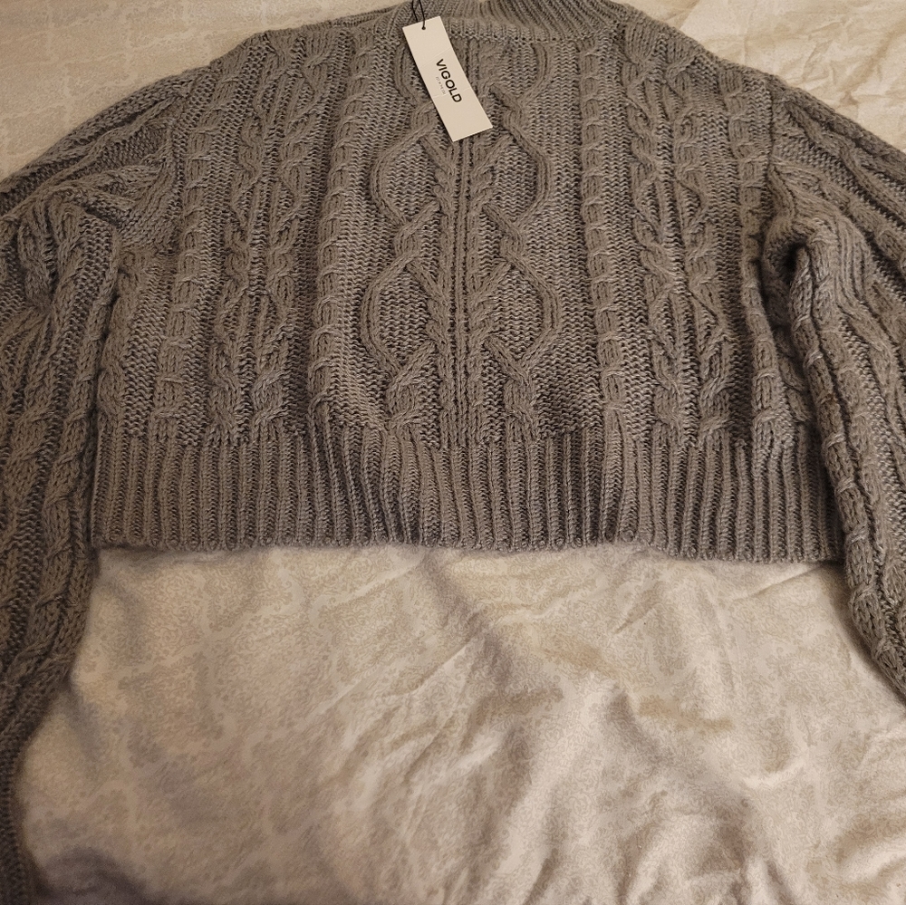 Thick Made Gray Woven Waistline Crop Sweater